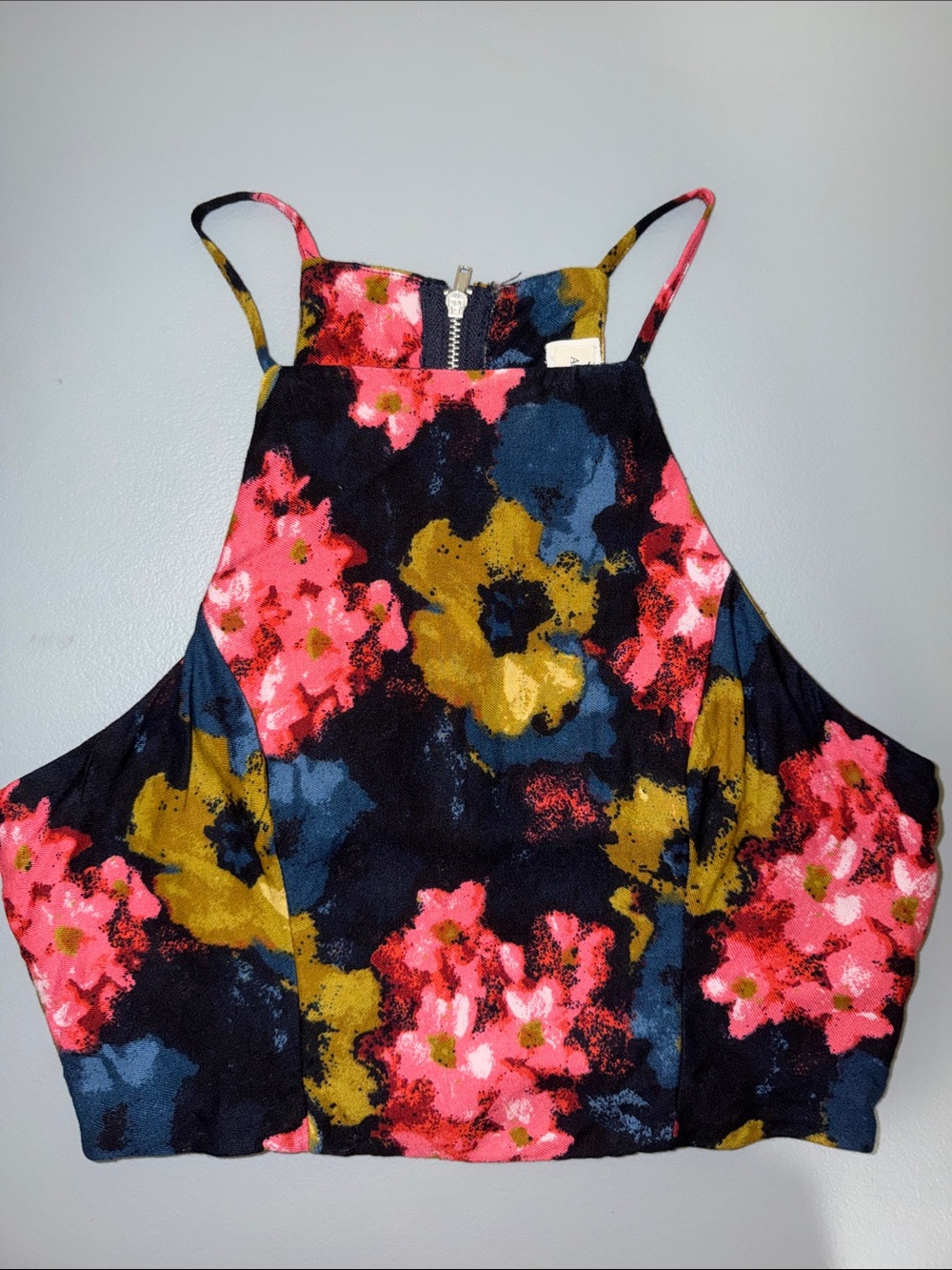 Abercrombie & Fitch Floral Halter Crop Top w/ Zip Back in Black, Pink & Mustard